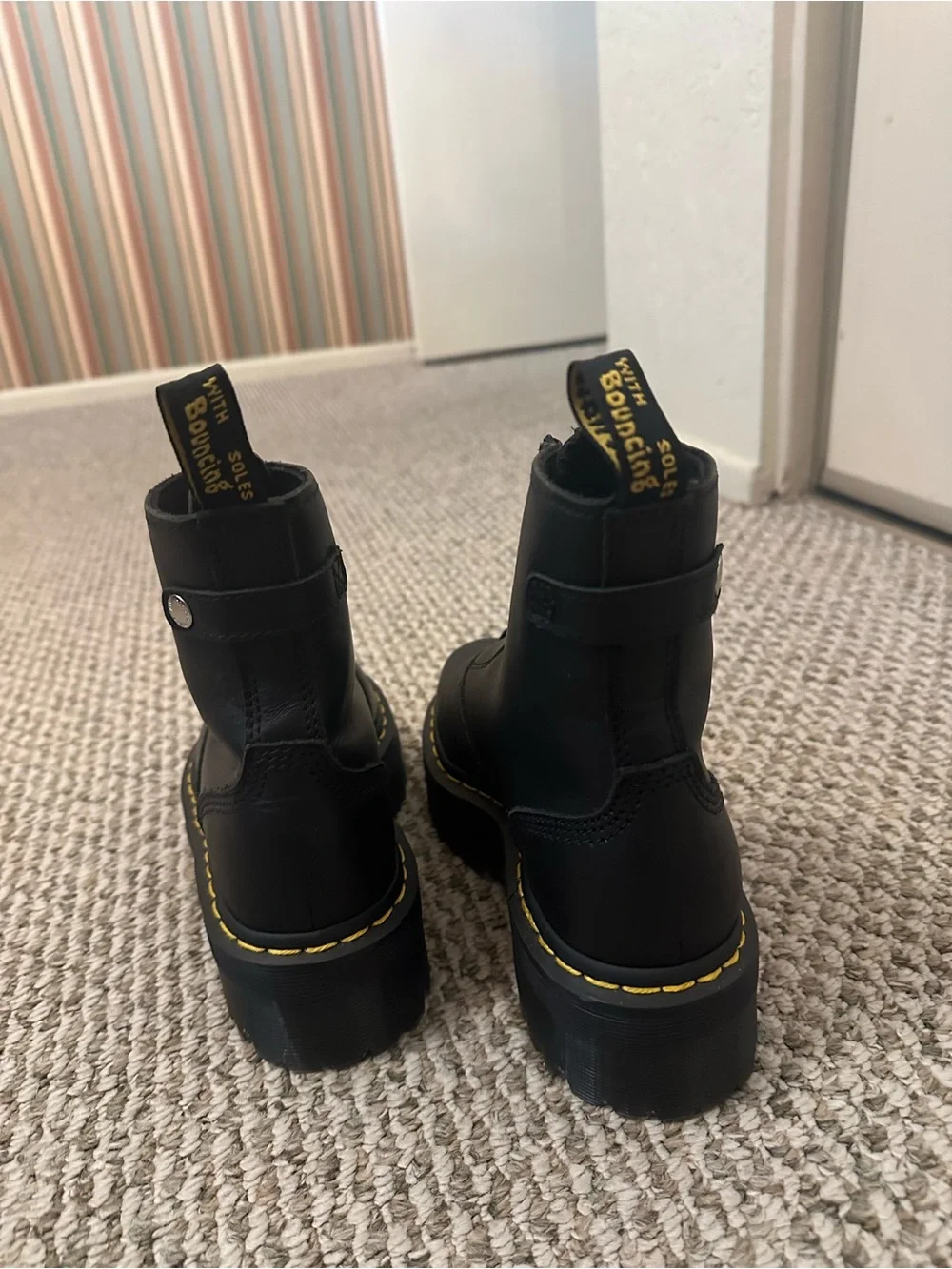 Dr. Martens Black Platform Zip Front Boots with Yellow Stitching